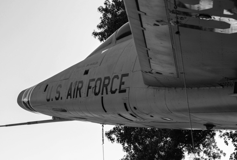 An image of a retired U.S. Air Force aircraft, formatted in black and white. Original image by Walter Martin.