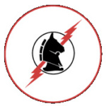 Image of Aviation Classic Ltd's warbird logo. It depicts a red outlined circle filled with white, containing a black outlined circle filled with white. Within the black outlined circle there is an interpretation of a horse/knight chess piece in black. Behind the knight is a red lightning bolt.